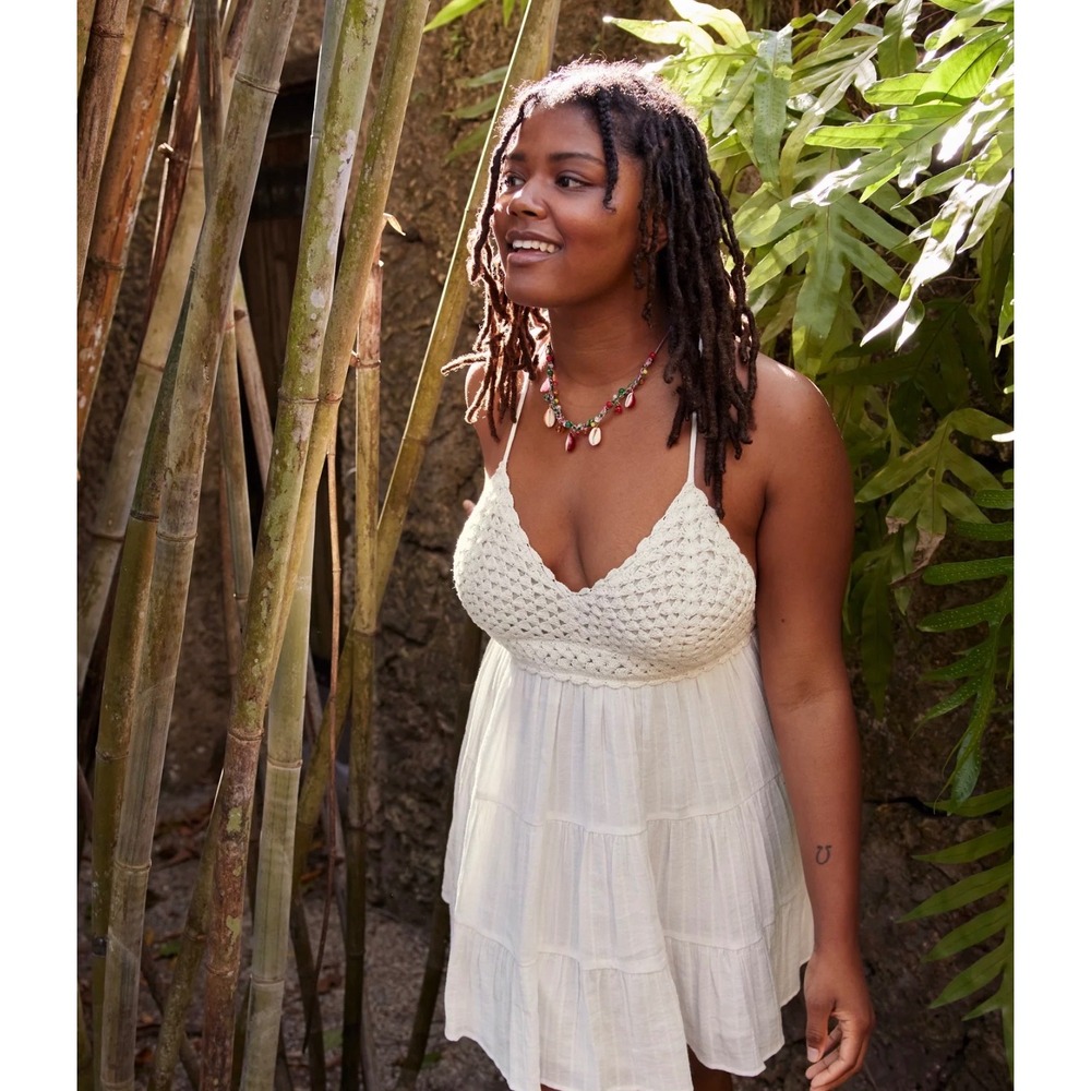 Aerie boho Crochet Bodice Tiered Mini Dress White Cream Open Back new